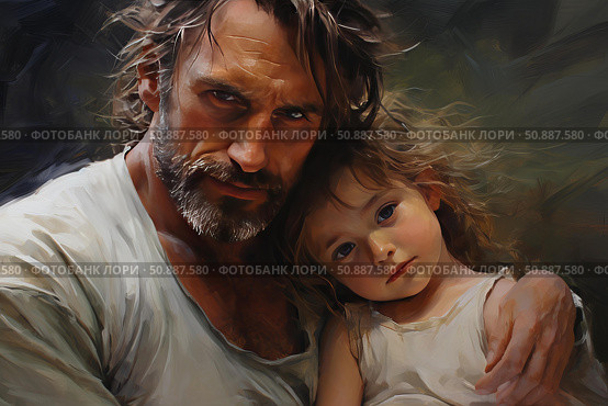 Father embracing daughter with protective and loving gesture. Стоковое AI-изображение, AI-художник Иван Рябоконь / Фотобанк Лори