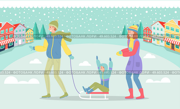 Father, mother and son on a winter walk. Man sledding a child. Family members walking together in cold weather outdoor, happy joint weekend, dad with boy ride on sleigh have fun in a snowy city street. Father, mother and son on a winter walk, dad with boy ride on sleigh have fun in a snowy city street. Стоковая иллюстрация, агентство Ingram Publishing / Фотобанк Лори