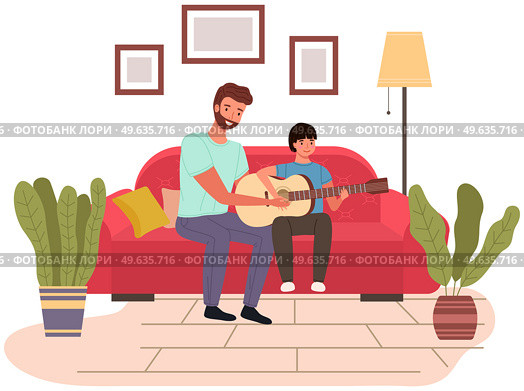 Father spend time with his child. Dad teaches his son how to play guitar. Parent and kid happy together at home. Musician teaches child to make music. Guitar and music lesson vector illustration. Musician teaches child to make songs. Guitar and music lesson. Dad and son playing together. Стоковая иллюстрация, агентство Ingram Publishing / Фотобанк Лори