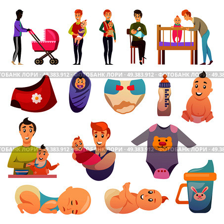 Fathers on parental leave orthogonal icons set with feeding carrying baby and newborn accessories isolated vector illustration . .Fathers  Parental Leave Orthogonal Icons. Стоковая иллюстрация, агентство Ingram Publishing / Фотобанк Лори