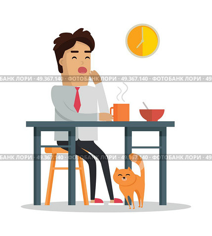 Fatigue after work day concept. Vector in flat design. Tired man in a shirt and tie yawning at the table during dinner at home. Early waking up and lack of sleep. On white background. Fatigue After Work Day Flat Style Illustration . Fatigue After Work Day Flat Style Illustration . Стоковая иллюстрация, агентство Ingram Publishing / Фотобанк Лори