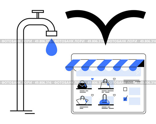 Faucet dripping water, online storefront with purses, black V shape. Ideal for e-commerce, water conservation, online shopping, digital marketing, smart design, environmental awareness web. Digital Shopping Experience Highlighted by Online Storefront with Blue Faucet Droplet. Стоковая иллюстрация, агентство Ingram Publishing / Фотобанк Лори