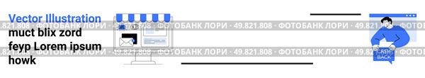 Featuring an online storefront and a user engaging with content. Ideal for e-commerce, web design, digital marketing, social media, startup promotions, product presentations, and mobile apps. Landing. Engaging Visuals of Online Storefront and User Interactions for E-Commerce Websites. Стоковая иллюстрация, агентство Ingram Publishing / Фотобанк Лори