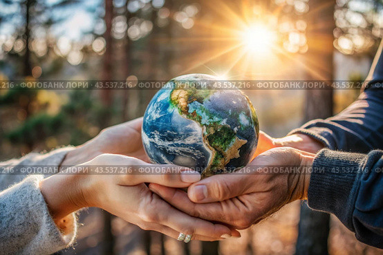 Female and male hands hold a small model of the Earth. Revival. Caring for the planet, ecological awareness and the unity of people in nature conservation. Стоковое AI-изображение, AI-художник Photojuli / Фотобанк Лори