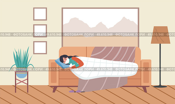 Female character having a cold and lying on the sofa. Masked woman is sick vector illustration. Girl is being treated for flu with different medicines in apartment. Self-isolation patient at home. Female character having a cold and lying in bed. Masked woman is sick at home vector illustration. Стоковая иллюстрация, агентство Ingram Publishing / Фотобанк Лори