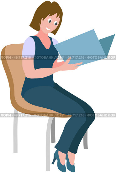 Female character sitting on chair at office meeting holding folder with paper document. Woman reading textbook, conference secretary. Businesswoman or clerk working with documentation, paperwork. Businesswoman or clerk working with documentation. Female character reading conference secretary. Стоковая иллюстрация, агентство Ingram Publishing / Фотобанк Лори