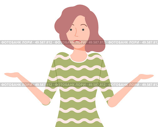 Female character with confused face expression vector, isolated woman wearing warm sweater with stripes. Puzzled lady gesturing with hands flat style. Confused Woman Gesturing, Female Character Vector. Стоковая иллюстрация, агентство Ingram Publishing / Фотобанк Лори