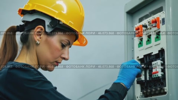 Female electrician working in switchboard with electrical connecting cable. Work in repair shops and maintenance services. Stress, nerves. Стоковое видео, видеограф ALLA YURTAYEVA / Фотобанк Лори