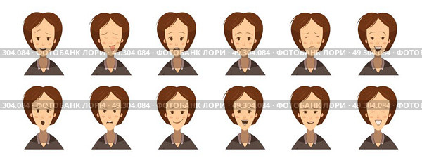 Female Emotions Avatars Set Cartoon Style. Set of avatars with female emotions including fun uncertainty gloom laugh concentration cartoon style isolated vector illustration. Стоковая иллюстрация, агентство Ingram Publishing / Фотобанк Лори