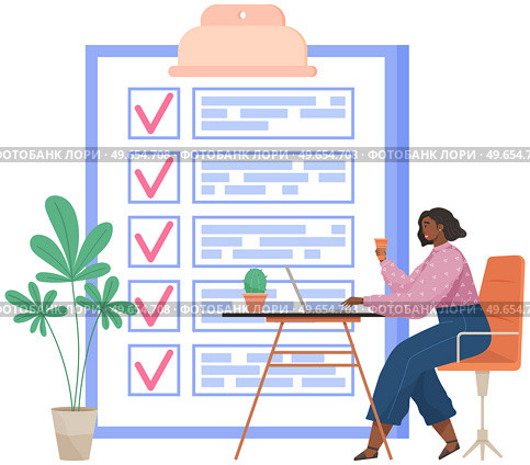 Female freelancer sitting with laptop near big paper clipboard with check marks, working with to do list. Time management, schedule planning. Woman with checklist, task planner program on computer. Female freelancer sitting with laptop near big clipboard with check marks, working with to do list. Стоковая иллюстрация, агентство Ingram Publishing / Фотобанк Лори