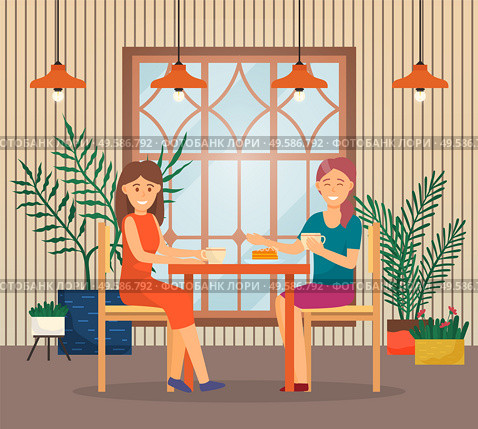 Female friends spending time together at restaurant. Meeting of women for intimate talk, conversation of two in cafe or at home. People calmly drink coffee and eat cake. Vector illustration in flat. Conversation of Two Women in Cafe, Friends Talk. Стоковая иллюстрация, агентство Ingram Publishing / Фотобанк Лори