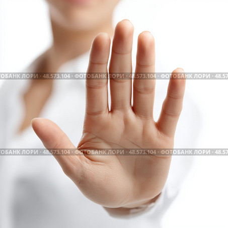 Female Hand Making Stop Gesture Isolated on White Background. Женская рука, делающая жест "стоп", изолирована на белом фоне. Стоковое AI-изображение, AI-художник Katsiaryna Repich / Фотобанк Лори