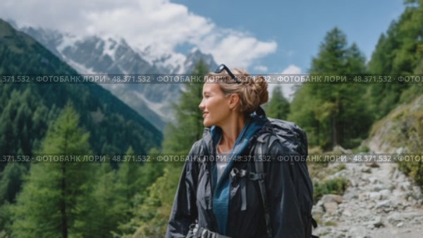 Female hiker admiring mountain view in the alps. Стоковое AI-видео, аниматор Юрий Поздников / Фотобанк Лори