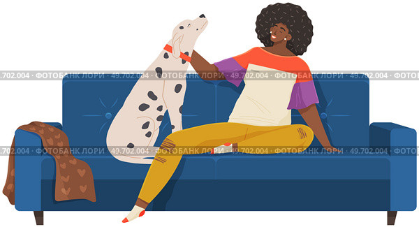 Female pet owner sitting and playing with dog on couch. Caring for animals, joint pastime with pets concept. African lady with domestic animal on sofa. Girl with dalmatian spends time at home. Pet owner sitting and playing with dog on couch. African lady with dalmatian spends time at home. Стоковая иллюстрация, агентство Ingram Publishing / Фотобанк Лори