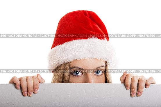 Female santa holding a christmas white card - isolated over a white background. Стоковое фото, агентство Ingram Publishing / Фотобанк Лори