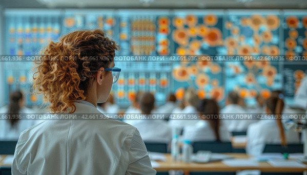 Female scientist in lab coat looking at a screen with scientific data. Стоковое AI-изображение, AI-художник Юрий Поздников / Фотобанк Лори