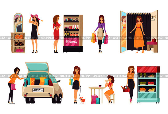 Females shopping at stores and purchasing clothes, dresses and hats. Cosmetics and food shop, car with paper bags, lady with toy dog walking vector. Females Shopping Store Purchasing Clothes Vector. Стоковая иллюстрация, агентство Ingram Publishing / Фотобанк Лори