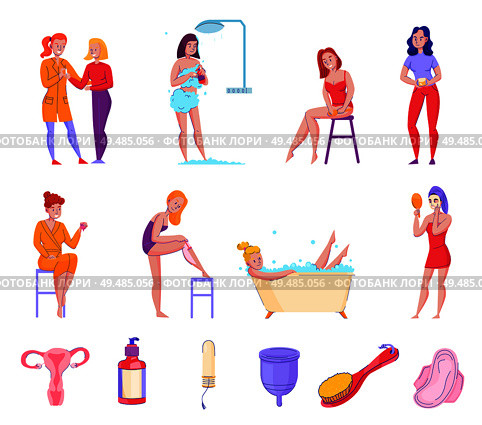 Feminine hygiene personal care products tips flat icons collection with shower fresh towels soap tampons vector illustration. Стоковая иллюстрация, агентство Ingram Publishing / Фотобанк Лори