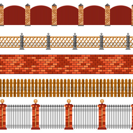 Fence Seamless Border Set. Vector illustration of horizontal seamless set of flat isolated fences and borders on white background. Стоковая иллюстрация, агентство Ingram Publishing / Фотобанк Лори