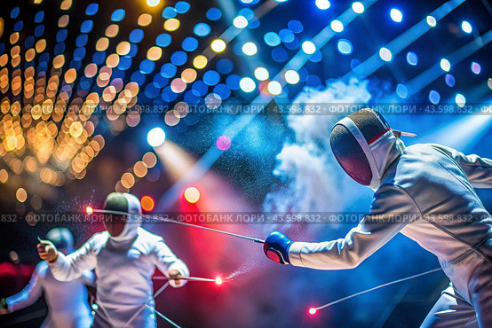 Fencers in the arena with rapiers in their hands during training are fighting a duel. Sports fencing. Fencing is a type of Summer Olympic Games. Стоковое AI-изображение, AI-художник Photojuli / Фотобанк Лори