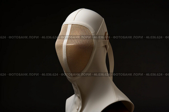 Fencing mask protecting head and neck on dark background. Стоковое AI-изображение, AI-художник Иван Рябоконь / Фотобанк Лори