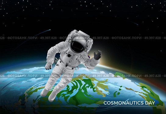 Festive card for Cosmonautics day graphic design. Vector illustration of flying cosmonaut in white suit in space. Dark sky with bright stars and burning comets. Part of planet Earth on background.. Festive Card for Cosmonautics Day Graphic Design. Стоковая иллюстрация, агентство Ingram Publishing / Фотобанк Лори