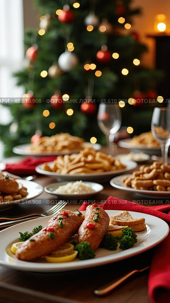 Festive Dinner With Various Dishes, a Decorated Tree, and an Inviting Atmosphere for Holiday Catering and Gatherings. Стоковое AI-изображение, AI-художник Sergey Grishin / Фотобанк Лори