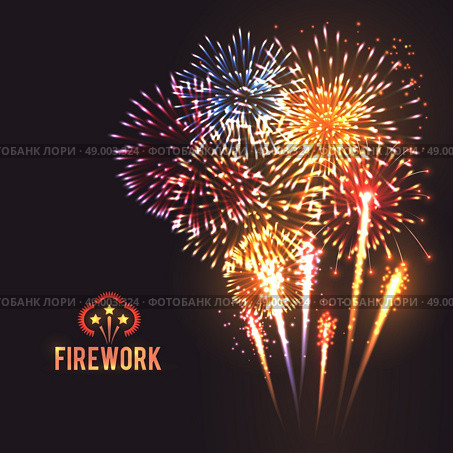 Festive firework black background poster. Festive firework rockets bursting in big sparkling star balls poster with black background abstract vector illustration. Стоковая иллюстрация, агентство Ingram Publishing / Фотобанк Лори