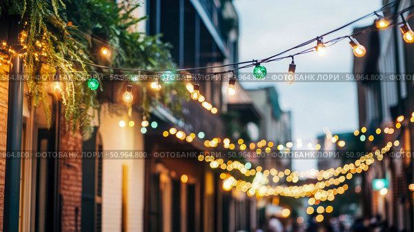 Festive outdoor string light illumination, decorating old buildings for a street party atmosphere. Стоковое AI-изображение, AI-художник Данила Большаков / Фотобанк Лори