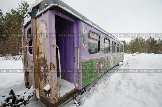 Февраль, 2019 - Авнюга. Пассажирский вагон Авнюгской узкоколейной дороги. Раскрашенный вагон. Россия, Архангельская область. Стоковое фото, фотограф Яковлев Сергей / Фотобанк Лори
