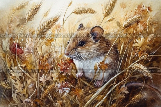 Field mouse among the grass, watercolor style, Generative AI. Стоковое AI-изображение, AI-художник Анна Кривицкая / Фотобанк Лори