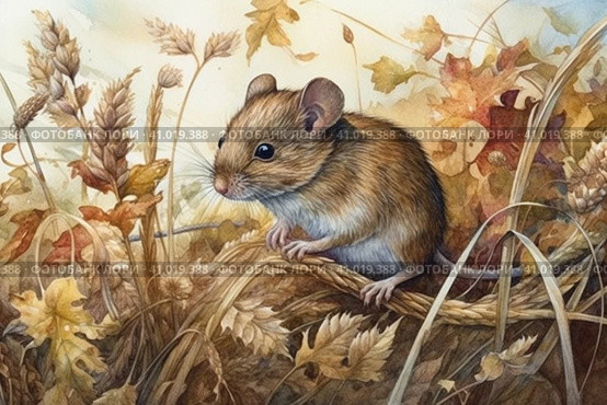 Field mouse among the grass, watercolor style, Generative AI. Стоковое AI-изображение, AI-художник Анна Кривицкая / Фотобанк Лори