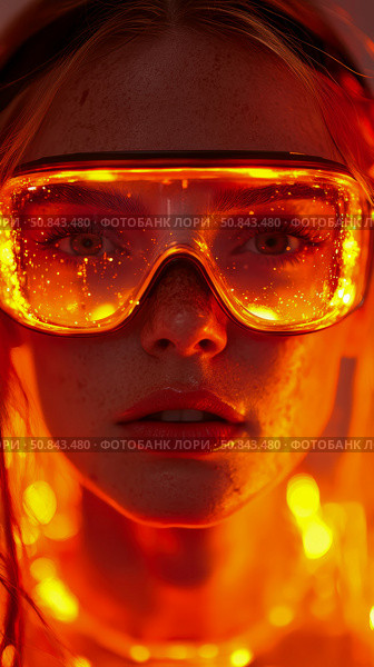 Fiery Gaze: Futuristic goggles reflect a warm radiant light, illuminating a woman's freckled face with intensity and a touch of mystery. Стоковое AI-изображение, AI-художник Данила Большаков / Фотобанк Лори