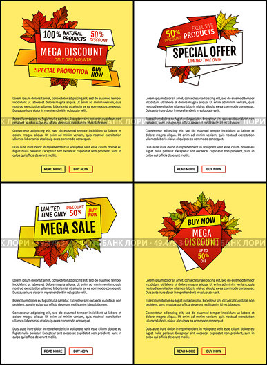 Fifty percent discount special sale offer. Promo price 159.90 advertisement autumn posters set with orange and yellow leaves, text sample and push buttons. Autumn Discount Special Offer Promo Price Posters. Стоковая иллюстрация, агентство Ingram Publishing / Фотобанк Лори