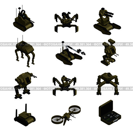 Fighting robots isometric icons set of sapper mortar walking tank spy robot military dog control panel isolated vector illustration. Fighting Robots Isometric Icons. Стоковая иллюстрация, агентство Ingram Publishing / Фотобанк Лори
