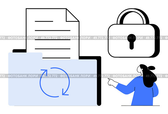 File folder with a document, circular sync arrows, a padlock, and person pointing up. Ideal for data organization, security, document management, synchronization, technology. Clean, modern. Data Management and Security with Document Syncing and Protection. Стоковая иллюстрация, агентство Ingram Publishing / Фотобанк Лори