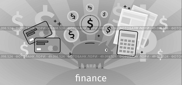 Finance Concept Banner Design Flat. Finance concept banner design flat. Pig piggy bank with gold dollar coins. Financial documents credit card calculator. Conceptual monochrome banner with finances to pay for items. Vector illustration. Стоковая иллюстрация, агентство Ingram Publishing / Фотобанк Лори