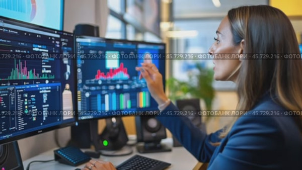 Financial analyst working with multiple computer screens showing charts and data. Стоковое AI-видео, аниматор Юрий Поздников / Фотобанк Лори