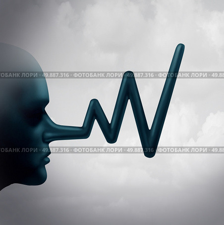 Financial false reporting concept and accounting fraud in a dishonest company stock market report as a person with a long liar nose shaped as a profit chart graph as a metaphor for business corruption and misconduct. Стоковое фото, агентство Ingram Publishing / Фотобанк Лори