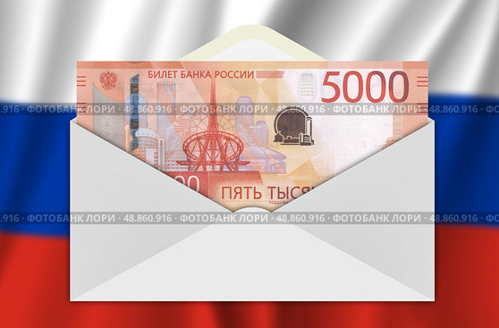 Financial illustration of Russian Federation. Blurred flag of Russia. Paper 5000 rubles note 2023 in postal envelope. Russian business and economy. Hobby or bribe. Стоковая иллюстрация, иллюстратор GAlexS / Фотобанк Лори