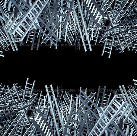 Financial options and business confusion as a large group of ladders going in different disoriented directions as a symbol for the need of professional wealth and money guidance and leadership on a black background. Стоковое фото, агентство Ingram Publishing / Фотобанк Лори