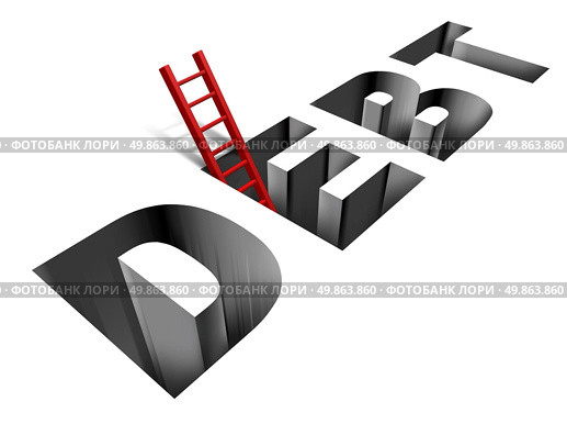 Financial recovery and getting out of poverty with the word debt as a sinking hole in the ground and a red ladder as a helpful solution and answer to the finance and business problems on a white background. Стоковое фото, агентство Ingram Publishing / Фотобанк Лори