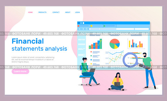 Financial statements analysis. Man with magnifying glass searching, analysing statistics, graphics, diagrams, charts. Women workers using laptops making financial analytics. Website page business site. Financial statements analysis, business website page, workers searching statistics, analytics. Стоковая иллюстрация, агентство Ingram Publishing / Фотобанк Лори