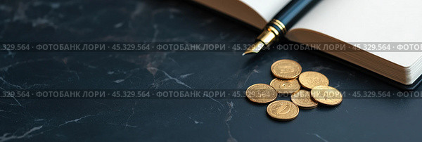 Финансы и инвестиции: монеты на темном мраморе с журналом. Стоковое AI-изображение, AI-художник ФотоИнтеллект / Фотобанк Лори
