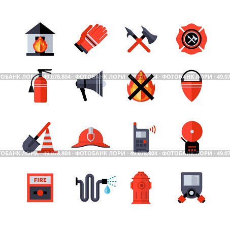 Fire Department Decorative Icons. Fire department decorative flat icons collection of fireman equipment and tools with hatchet bucketful spade helm extinguisher isolated vector illustration . Стоковая иллюстрация, агентство Ingram Publishing / Фотобанк Лори