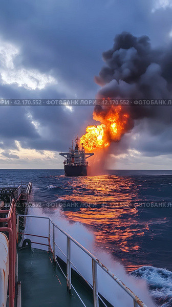 Fire on an offshore oil tanker. Стоковое AI-изображение, AI-художник Кирилл Черезов / Фотобанк Лори