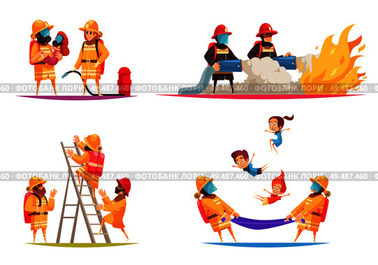 Firefighter design concept with flat compositions of fire situations with firemen crew with equipment and uniform vector illustration. Стоковая иллюстрация, агентство Ingram Publishing / Фотобанк Лори