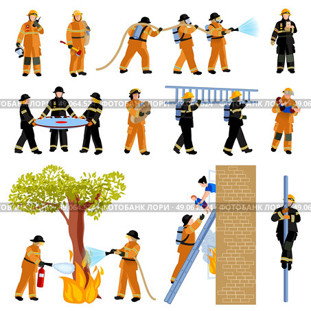 Firefighter People Flat Color Icons Set.  Decorative flat color icons set of firefighter people extinguishing fire with firehose and saving children vector illustration  . Стоковая иллюстрация, агентство Ingram Publishing / Фотобанк Лори