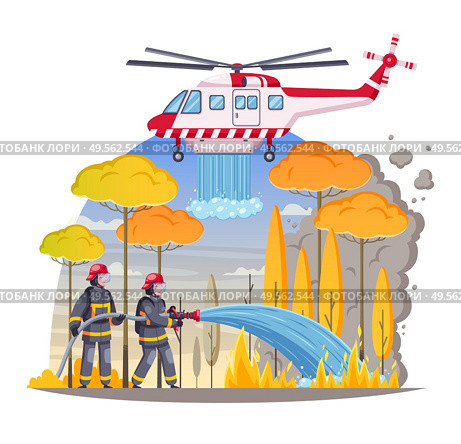 Firefighters cartoon composition with outdoor landscape and burning forest with firemen and helicopter putting blaze out vector illustration. Стоковая иллюстрация, агентство Ingram Publishing / Фотобанк Лори