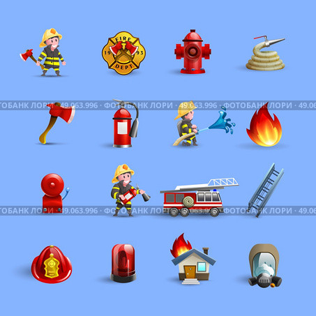Firefighters Cartoon Icons Red Blue Set. Fire department firefighting brigade service ammunition and accessories modern styled cartoon red icons set isolated vector illustration . Стоковая иллюстрация, агентство Ingram Publishing / Фотобанк Лори